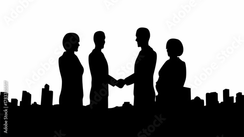 Powerful business handshake silhouette against city skyline symbolizing partnership, collaboration, and teamwork for global success, originally from a scalable vector file