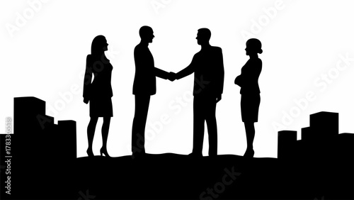 Dynamic business deal silhouette against cityscape, symbolizing partnership, teamwork, and urban development for professional services and corporate success