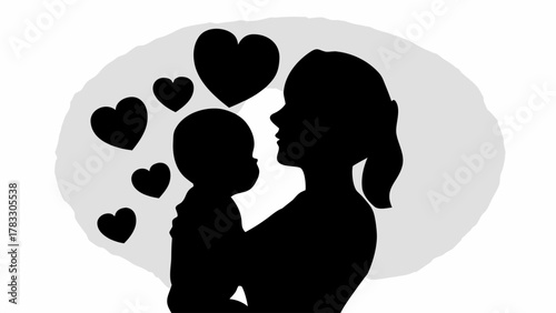 Silhouette of a Mother Holding Her Baby with Love Heart Symbols, Symbolizing Family Bonding and Affection, Ideal for Mother's Day and Family-Oriented Designs