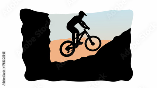 Mountain biker silhouette riding extreme terrain, conquering nature's challenges with skill and power, a symbol of freedom, fitness, and outdoor adventure