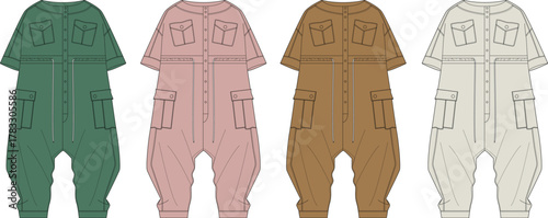 Children's practical and fashionable coveralls in four appealing colors green, pink, brown, and beige