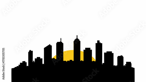 Stunning city skyline silhouette at sunset, modern urban landscape with golden sun, perfect for website headers, banners, and architectural presentations
