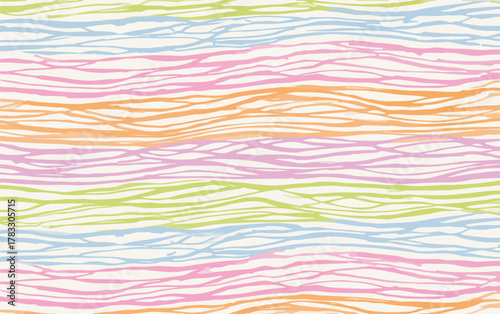 Padrão vetorial abstrato e sem costura com linhas onduladas desenhadas à mão em tons pastel suaves, ideal para fundos e designs criativos.