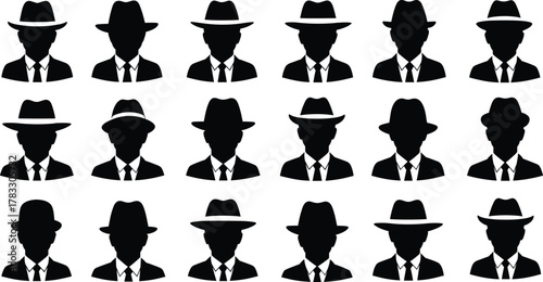 Hat and suit silhouette set, black vector icons, formal fashion, vintage style, gentleman figures, classic attire, headwear collection, flat illustration