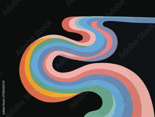 Ilustração vetorial abstrata com linhas coloridas e fluidas que se entrelaçam harmoniosamente sobre um fundo escuro, evocando movimento e criatividade.