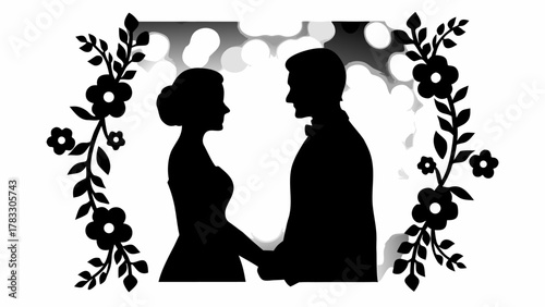 Elegant silhouette of a loving couple ready to celebrate their wedding day, framed by floral accents, promising love and commitment forevermore