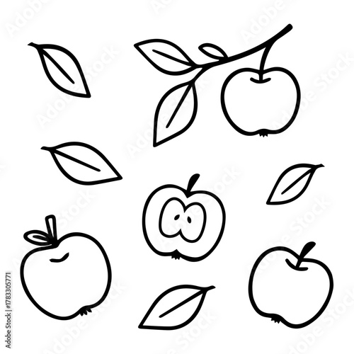 Hand drawn seamless vector pattern with apples, leaves, branches, and seeds in minimal doodle style. Perfect for kitchen textiles, children's products, packaging, wallpaper, background, and school des