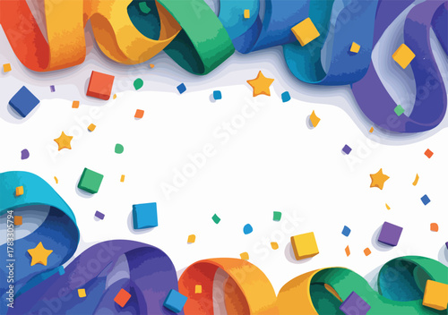 Ilustração vetorial colorida de celebração com confetes e serpentinas, ideal para convites de festa e designs alegres.