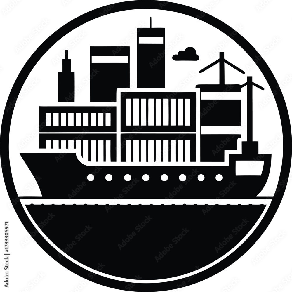 Naklejka premium Modern container ship and port crane icon for logistics and shipping