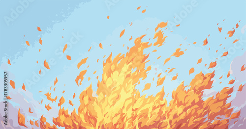 Visual vetorial de um incêndio poderoso, com chamas vibrantes e faíscas subindo contra um céu claro, evocando calor, destruição e energia.