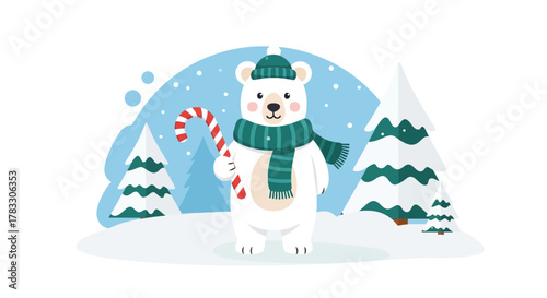 Adorable winter scene features a polar bear holding a candy cane in a snowy landscape with snow-covered trees, perfect for holiday cheer