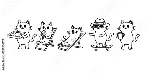 Retro cartoon cat mascots in Y2K style vector illustration featuring cyber animals with stars, futuristic objects, and 90s design elements, perfect for digital art and character collection.