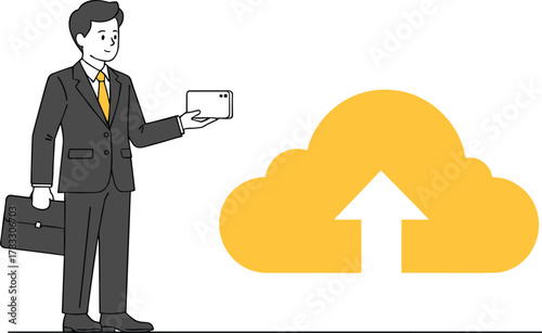 Cloud upload concept cartoon illustration, symbolic mobile data transfer and expressive digital infrastructure artwork for design and education