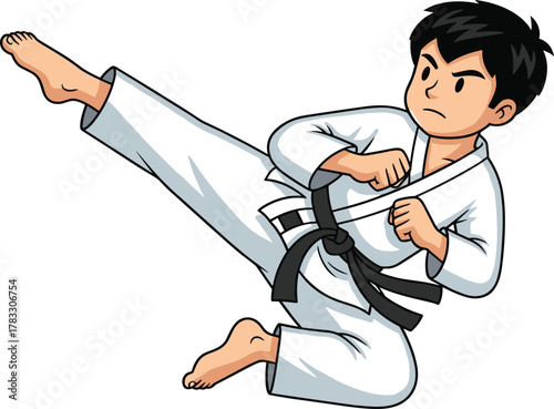 A focused cartoon boy wearing a white kimono and black belt performs a powerful high kick, demonstrating martial arts, self-defense, and discipline.