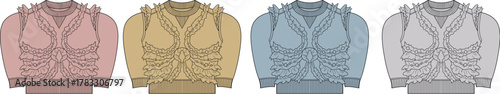 Technical fashion flat sketch illustration of a women's long-sleeved top with elegant ruffled and gathered details, presented in multiple color variations for apparel design