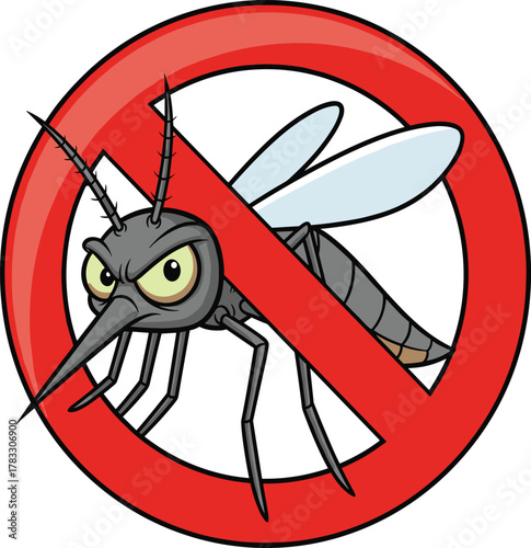 A menacing cartoon mosquito is crossed out by a red circle prohibition sign, symbolizing pest control, dengue, zika, and malaria prevention.