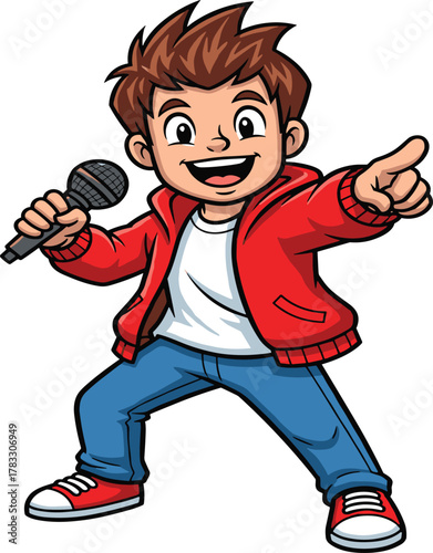 An enthusiastic cartoon boy, wearing a red jacket, performs while holding a microphone and pointing out, symbolizing energy, entertainment, and public speaking.
