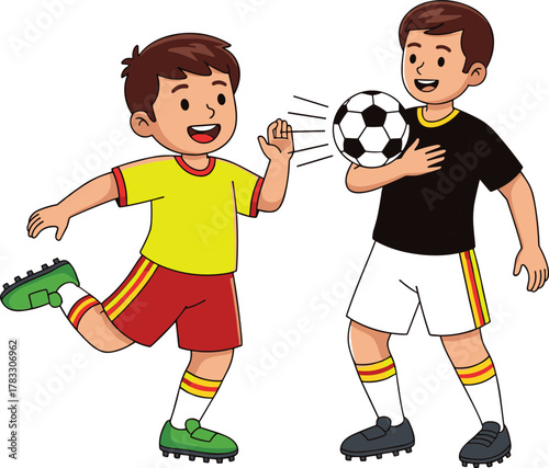 Two enthusiastic cartoon kids in soccer kits are happily playing a football game, passing the ball, emphasizing sportsmanship, friendship, and collaboration.
