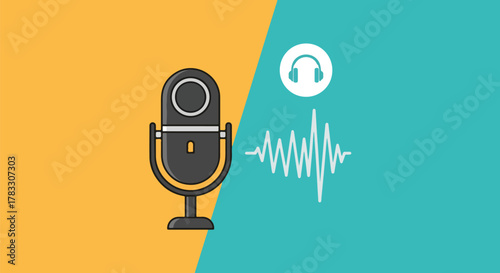 Flat vector illustration of audio recording and playback, featuring a classic microphone on yellow and sound waves with headphones on blue, symbolizing podcasting and media production