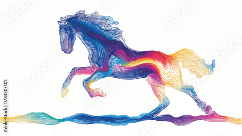 Representação artística e dinâmica de um cavalo em pleno galope, com uma paleta de cores vibrantes e fluidas que evocam movimento e liberdade.