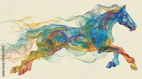 Cavalo galopante estilizado em vetor, com uma explosão de cores e formas abstratas que transmitem movimento e arte digital expressiva.
