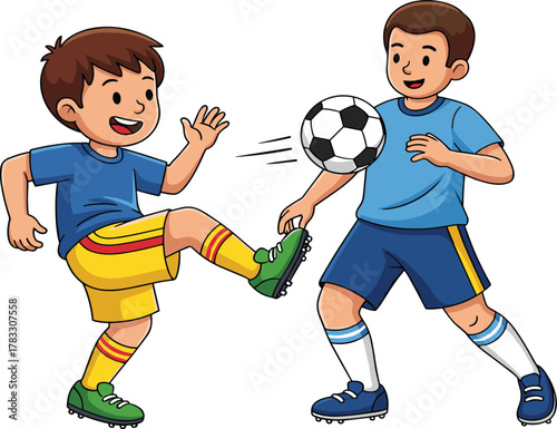 Two animated young boys in blue and yellow soccer kits are actively playing, kicking and passing a football, demonstrating competitive sports and exercise.