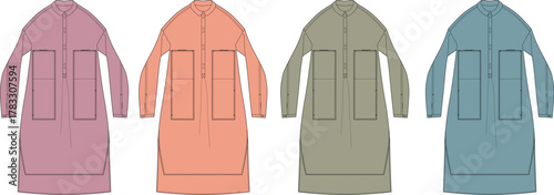 Fashion design technical flat sketch set of a women's long sleeve utility shirt dress in four color variations