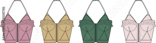 Garment creation concept shown with a technical flat illustration set of a modern halter neck corset top in four distinct color palettes for apparel design