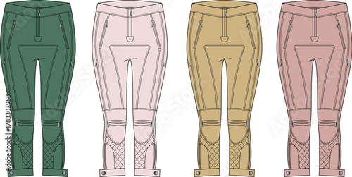 Colored high-waisted cargo pants mockup, flat design of women's apparel