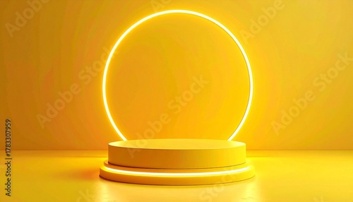 Circular yellow display pedestal with glowing neon ring on a monochromatic yellow background, designed for modern product presentation and visual impact.