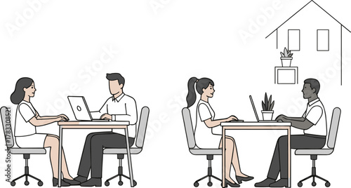 Hybrid work environment cartoon illustration, symbolic remote collaboration and expressive office versus home workspace artwork for education