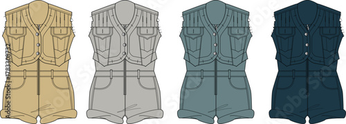 Fashionable utility jumpsuit illustrations in multiple colors, perfect for design projects and fashion