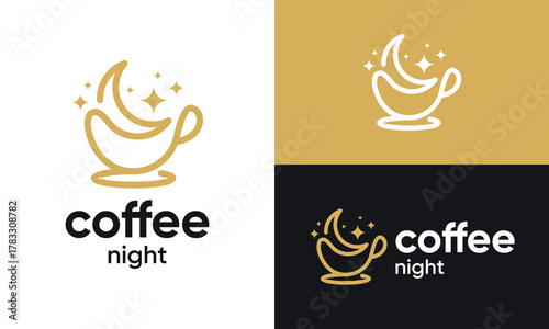 Night coffee logo design vector illustration. Coffee cup design with moon with minimalist line style graphic Icon, symbols, creative