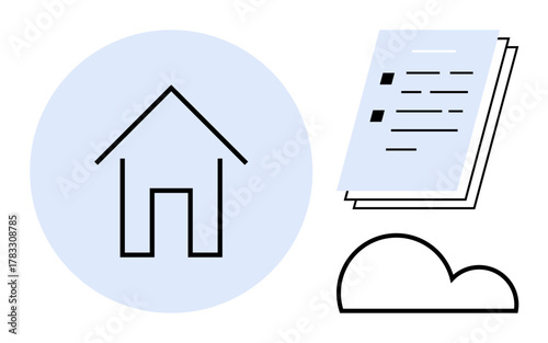 House outline, stack of documents, cloud graphic represent home-related data, digital storage, management. Ideal for cloud computing, real estate, documentation, home organization digital