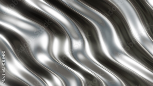 Silver chrome metal background, shiny and lustrous metal pattern texture, silky liquid chrome waves.