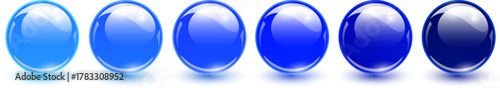 Blue glass balls set, 3D shiny spheres collection.