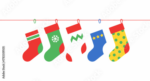 Festive Christmas stockings hanging cheerfully, perfect for holiday promotions and seasonal greetings, adding a touch of warmth and joyful anticipation