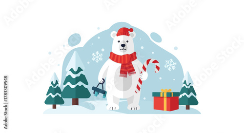 Festive polar bear brings holiday cheer with a candy cane, gift, and winter accessories, perfect for seasonal projects and heartwarming greetings