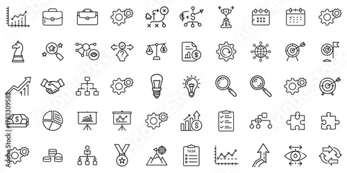 Collection of business and strategy icons including gears, graphs, and achievers in a minimalist style.