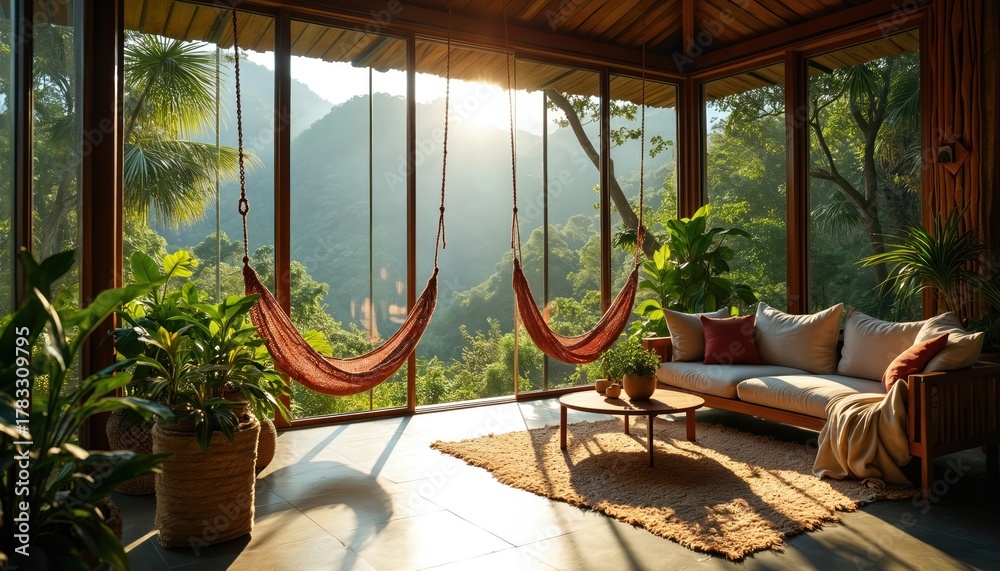 Obraz premium Relaxing room with hammocks overlooking lush green jungle mountains. Sun shines through large windows onto tropical plants and simple wood furniture. Peaceful nature retreat.