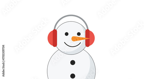 Adorable smiling snowman wearing cozy earmuffs, a whimsical touch for winter holiday designs and festive promotions, perfect for Christmas cards