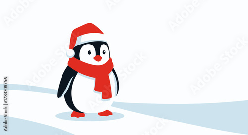 Festive penguin wearing Santa hat and scarf, a charming holiday icon for Christmas cards and winter promotions, spreading joy and warmth, originally vector graphic