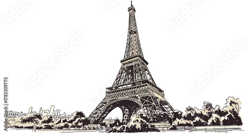 Vector Illustration of the Eiffel Tower with Cityscape and Greenery