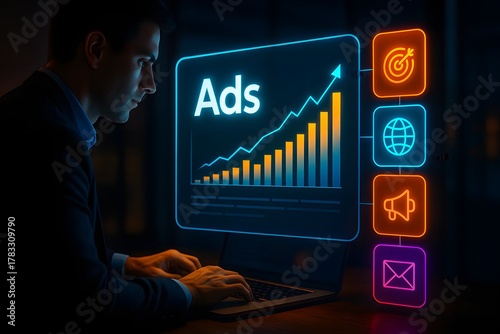 Digital advertising performance dashboard with rising chart and targeting icons