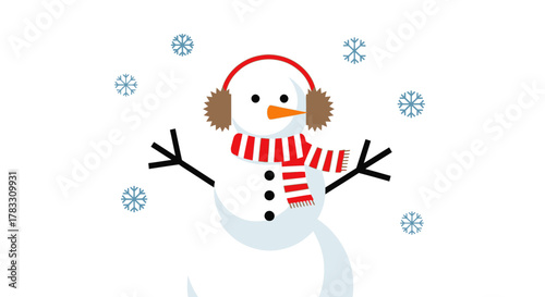 Charming snowman with red striped scarf and earmuffs enjoys a snowy winter day surrounded by falling snowflakes