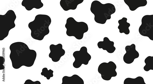Cow print seamless pattern, animalistic spots texture for background, textile, and surface design, black and white color