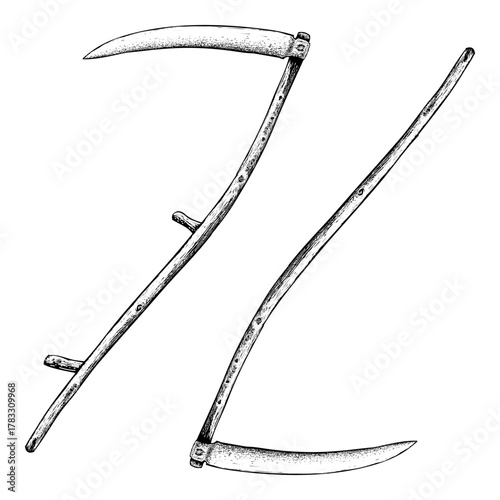 old scythes, showcasing their curved blades and wooden handles in a rustic vintage style. The artwork evokes themes of traditional farming, harvest, and rural life.