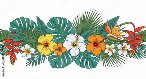 Floral Border with Tropical Flowers and Green Leaves for Decoration