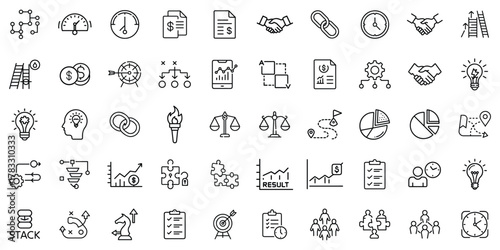 A collection of business and finance icons in line art style showcasing key concepts.