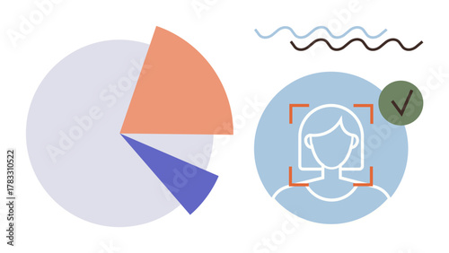 Pie chart divided into segments with facial recognition icon framed by square brackets and verified tick. Ideal for data analysis, identity security, digital verification, user authentication